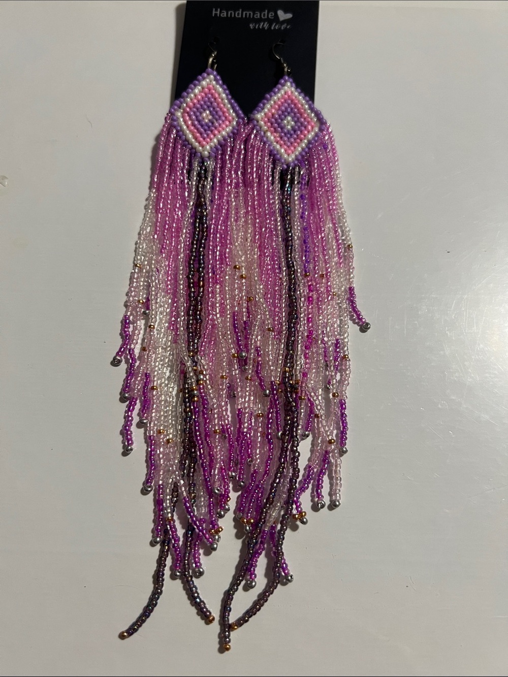 Handmade Pink Beaded Fringe Earrings — Long Dangle Statement